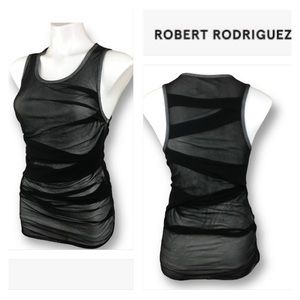Robert Rodriguez For Bergdorf Goodman Black Rushed Mesh Over White Tank Top Sz L